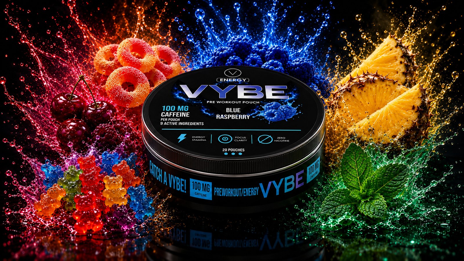 VYBE Energy tin surrounded by bursting flavour splashes and athletes